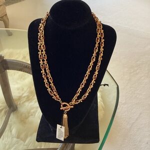 NWT.  Goldtone Tassel and Red Stone Toggle Necklace
